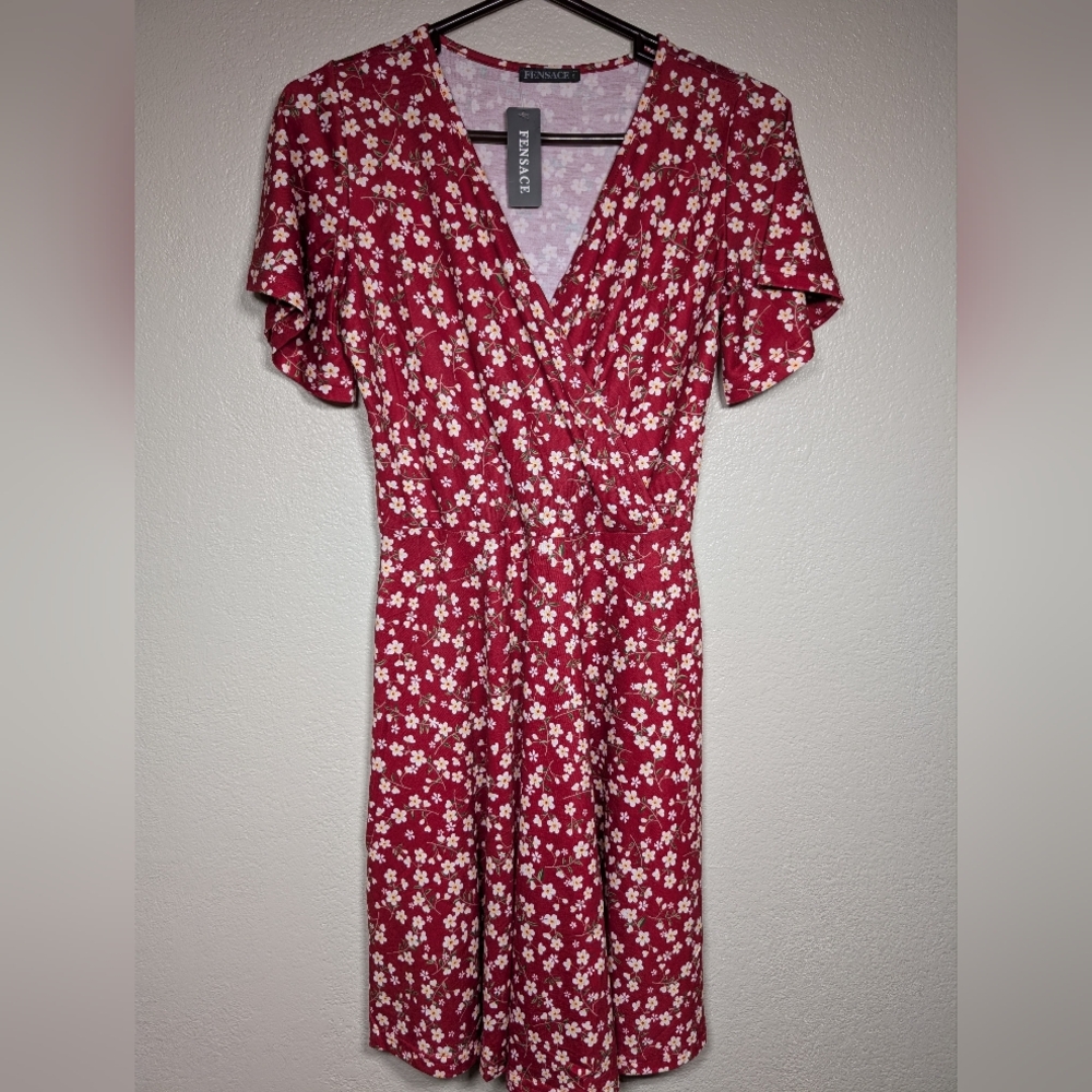 FENSACE Floral Faux Wrap Dress Womens Small Red Fit Flare Midi Cottagecore Stret
